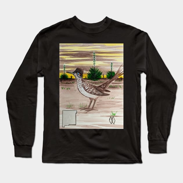 New Mexico state bird and flower, the roadunner and yucca flower Long Sleeve T-Shirt by Matt Starr Fine Art